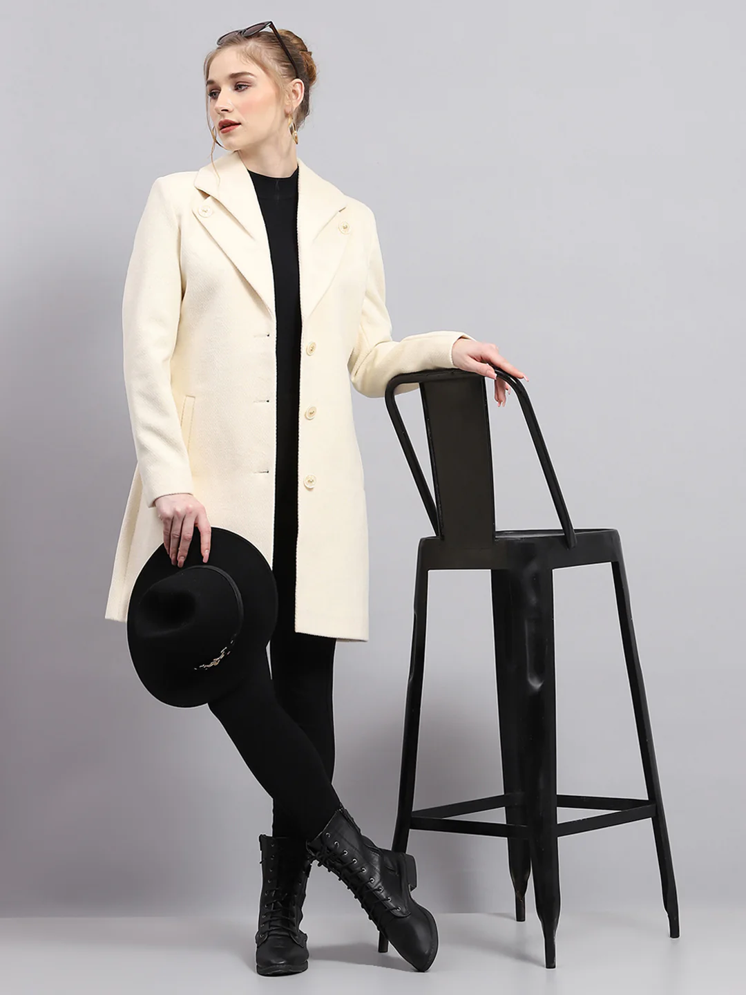Women Cream Solid Collar Full Sleeve Coat - Image 2