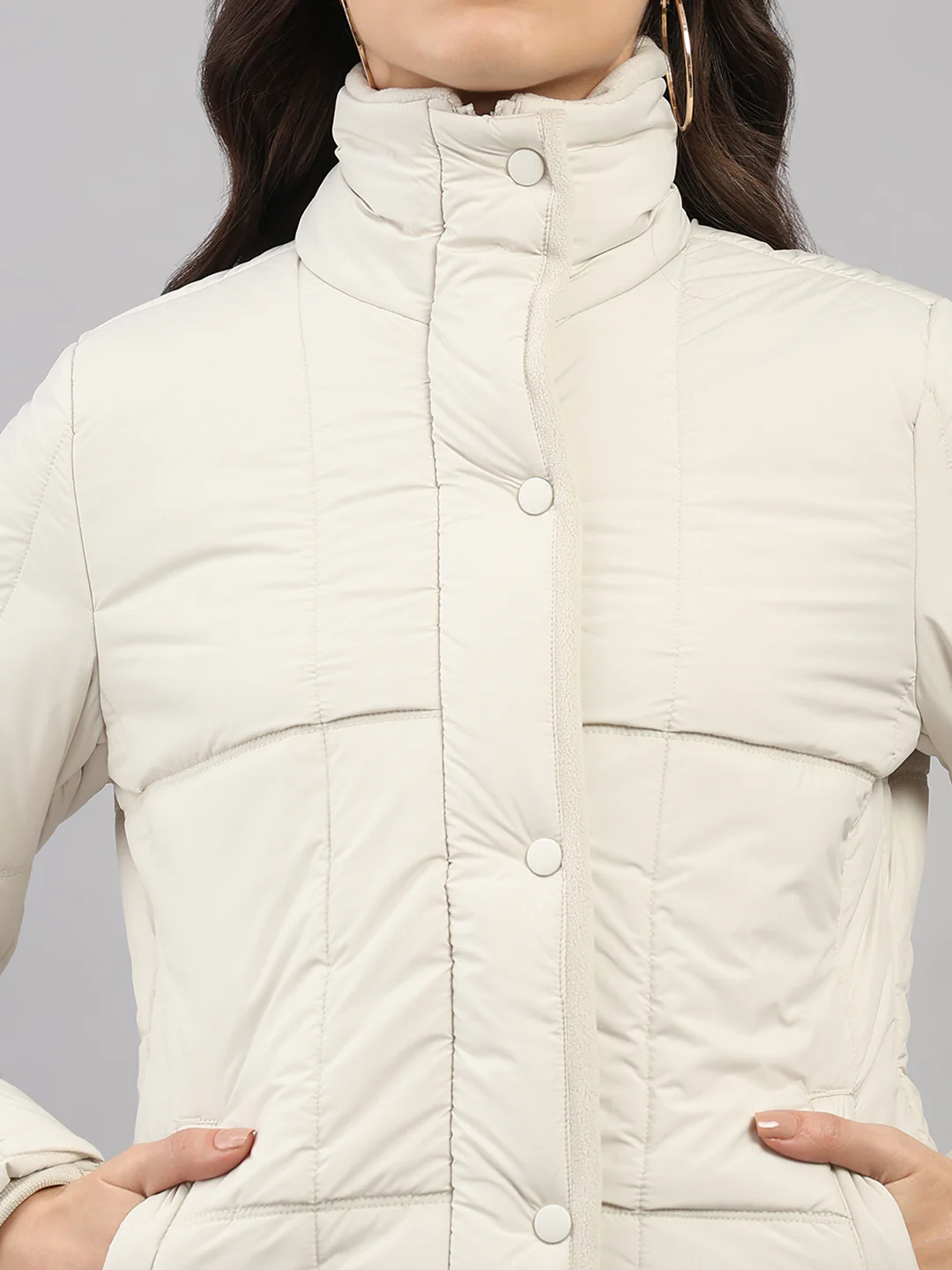 Women Cream Solid High Neck Full Sleeve Jacket - Image 6