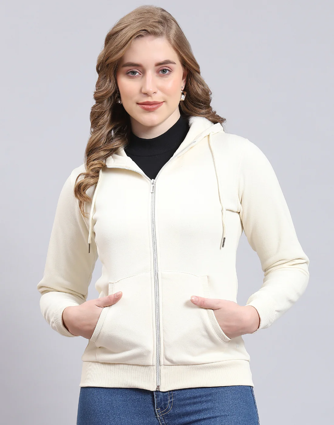 Women Cream Solid Hooded Full Sleeve Sweatshirt - Image 2