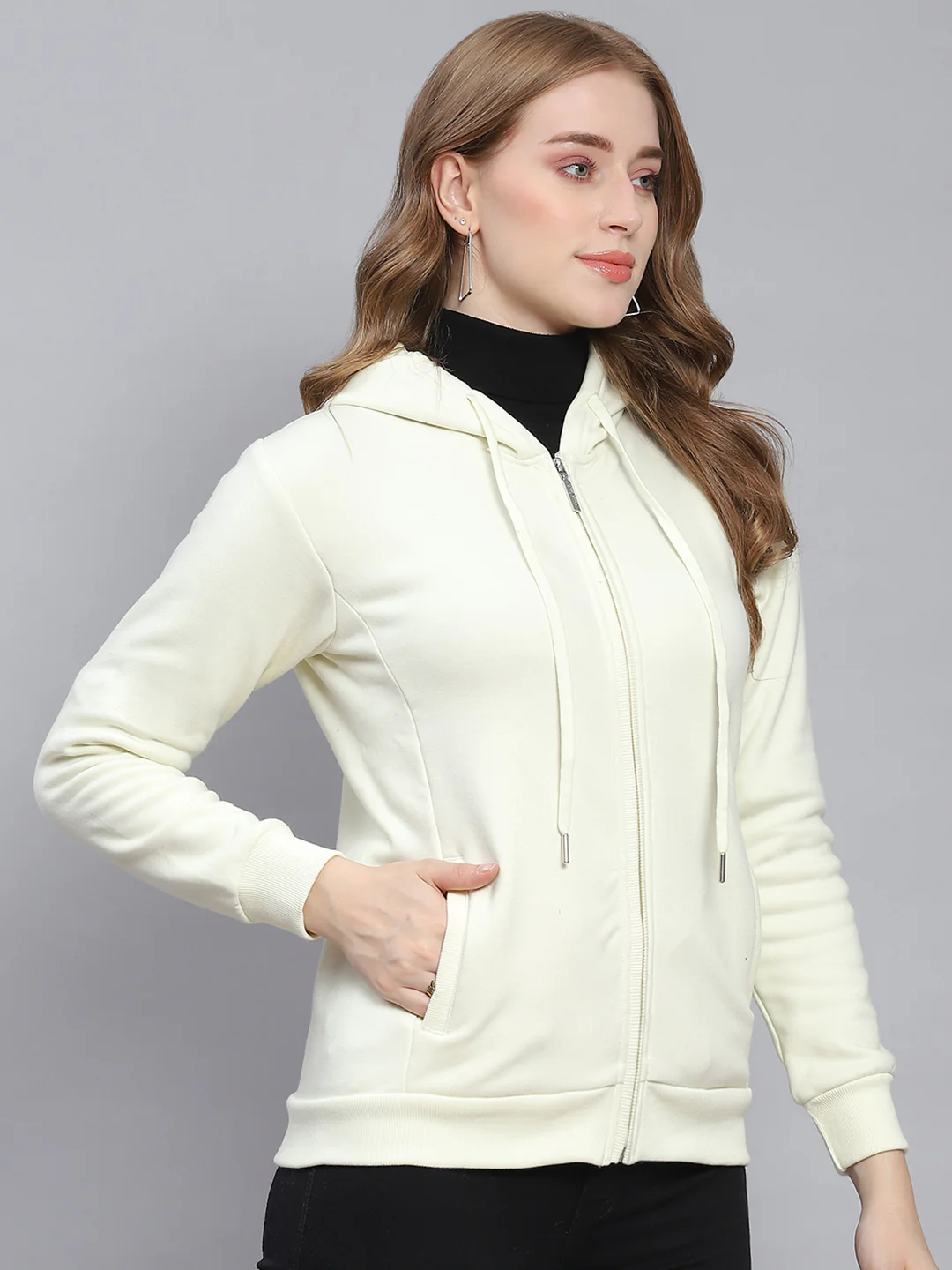 Women Cream Solid Hooded Full Sleeve Sweatshirts - Image 4