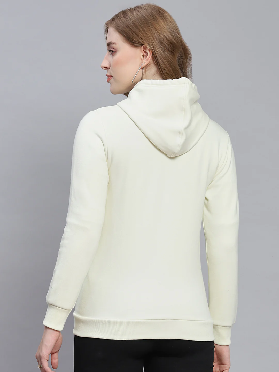 Women Cream Solid Hooded Full Sleeve Sweatshirts - Image 5