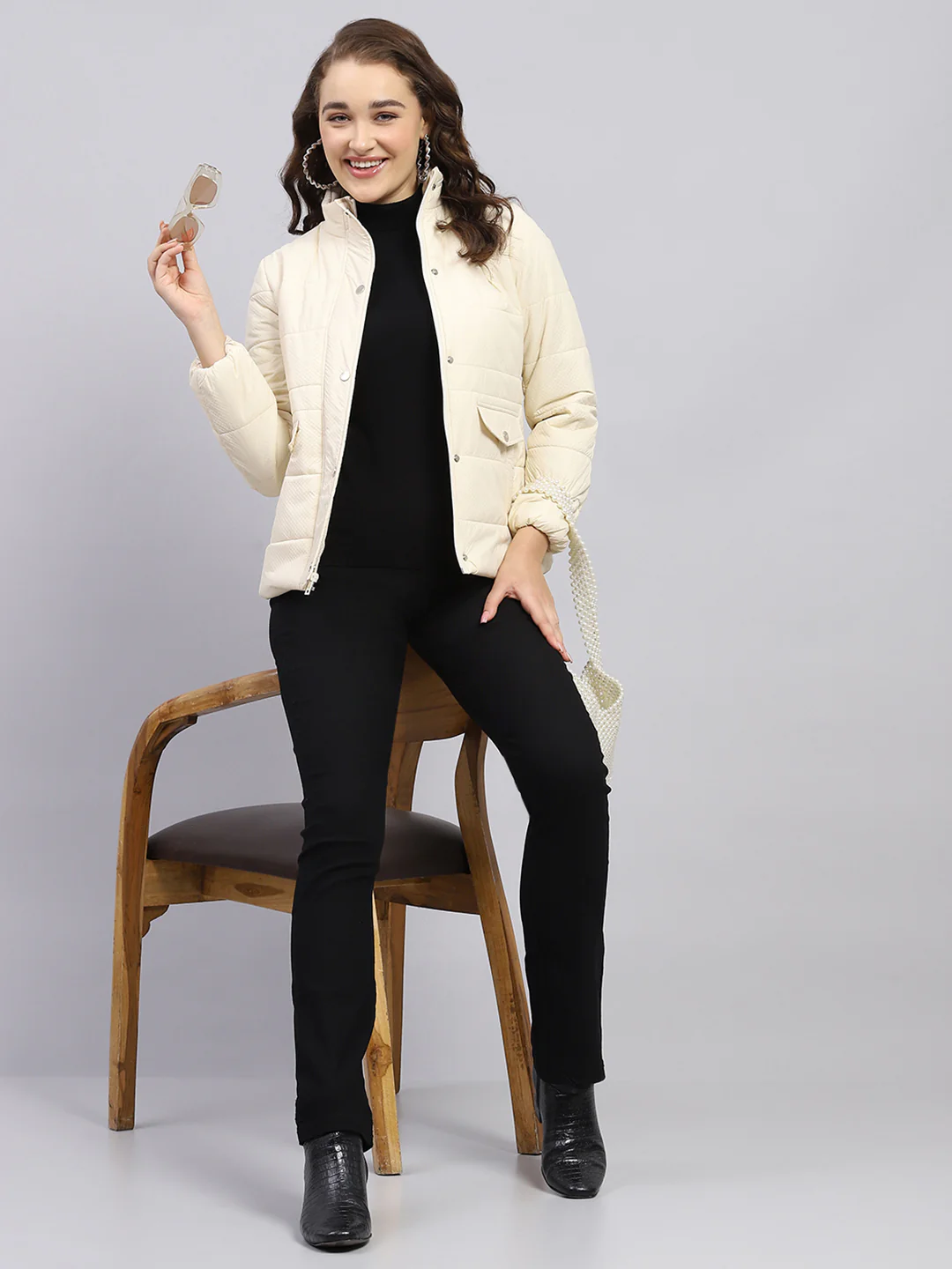 Women Cream Solid Mock Neck Full Sleeve Jacket - Image 2