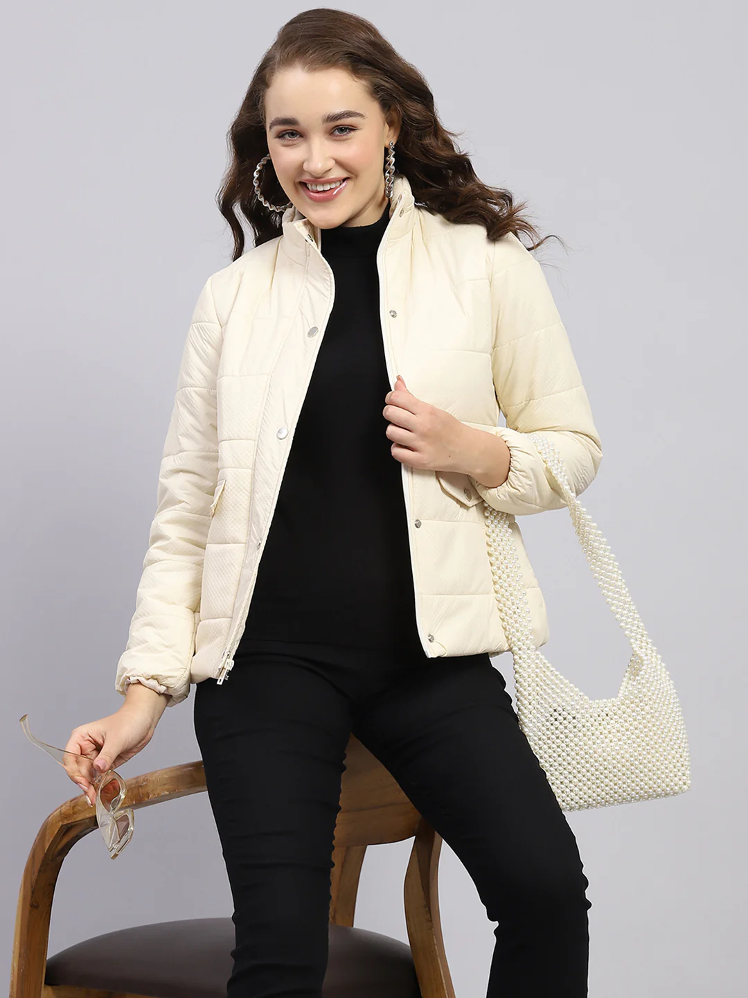Women Cream Solid Mock Neck Full Sleeve Jacket - Image 6