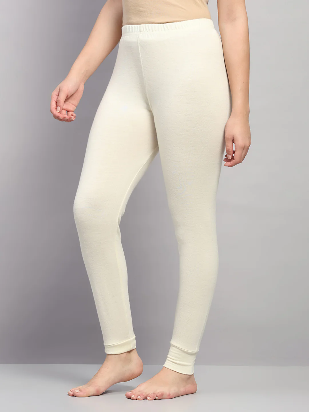 Women Cream Solid Regular Fit Thermal Lower - Image 3