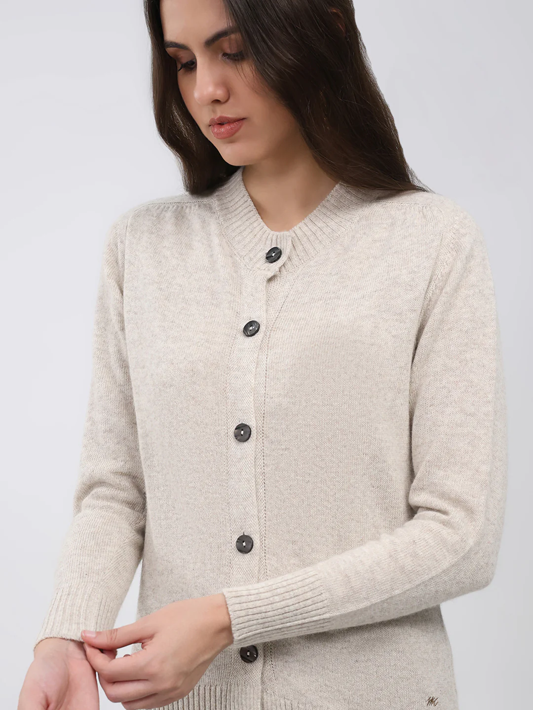 Women Cream Solid Round Neck Full Sleeve Cardigan - Image 6