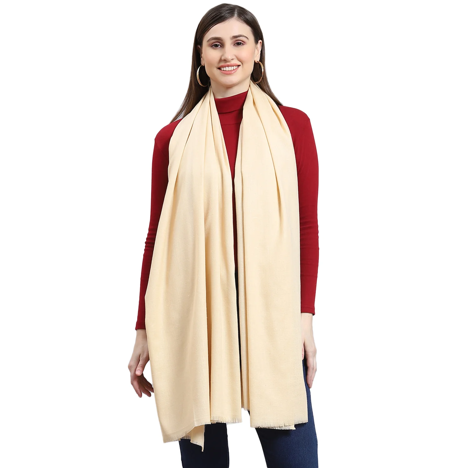 Women Cream Solid Shawl - Image 6