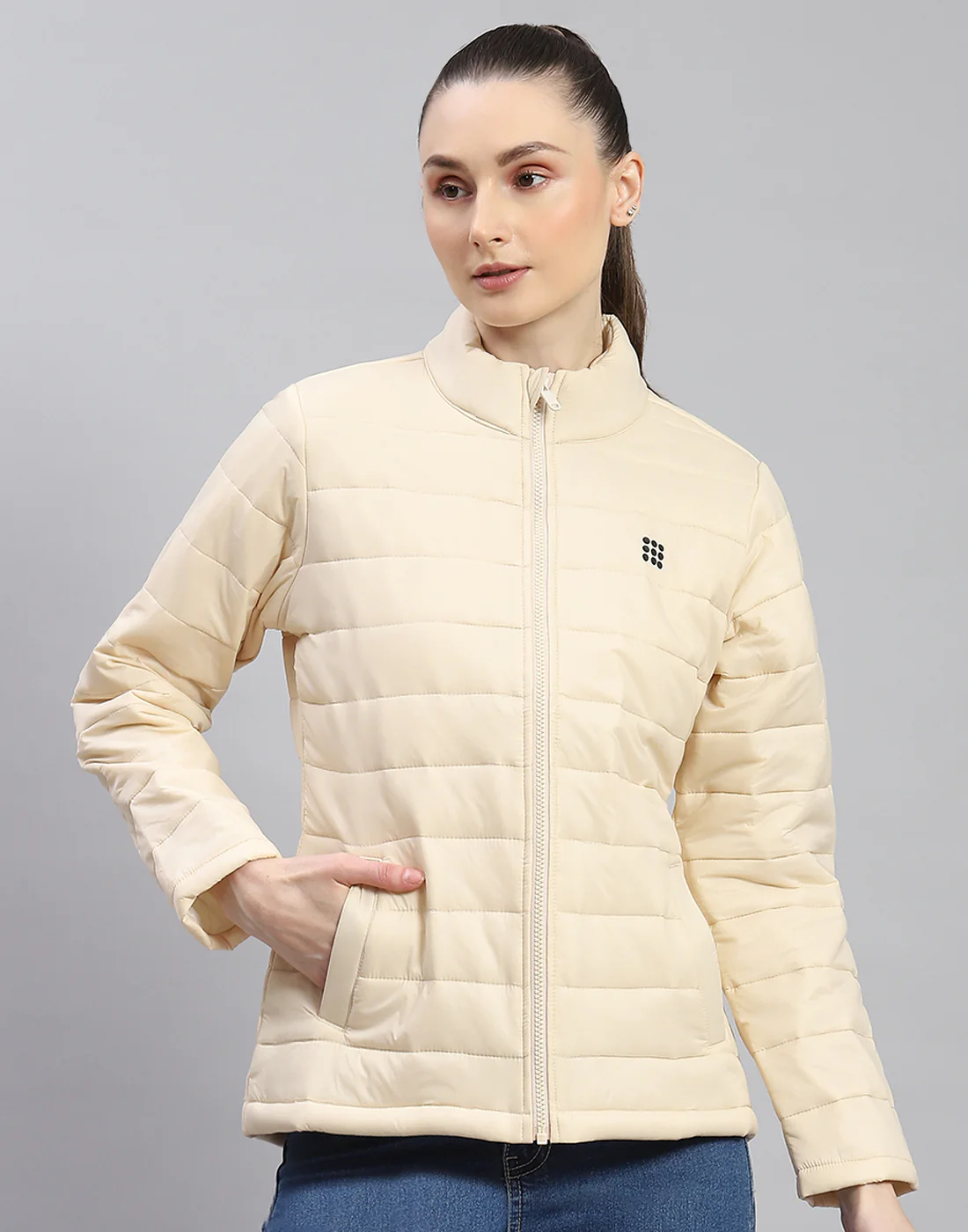 Rock.it Women Cream Solid Stand Collar Full Sleeve Jacket - Image 3