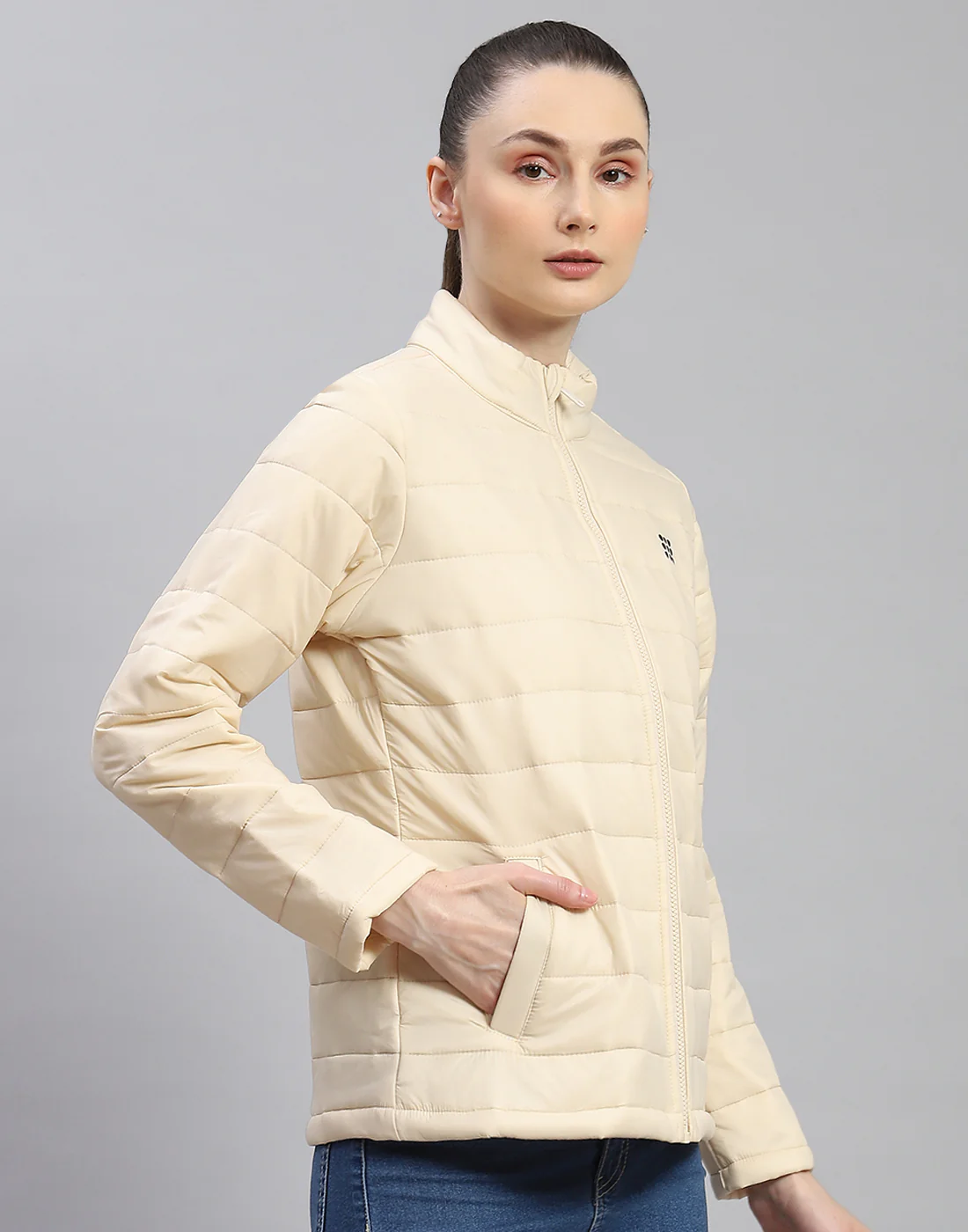 Rock.it Women Cream Solid Stand Collar Full Sleeve Jacket - Image 5