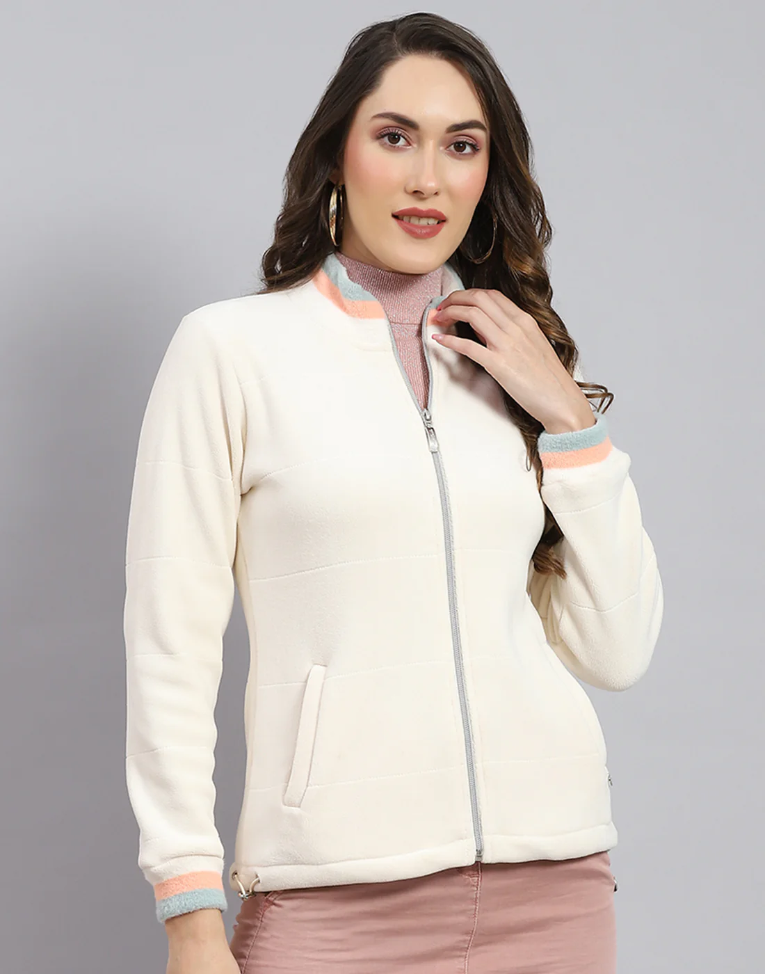 Women Cream Solid Stand Collar Full Sleeve Sweatshirt - Image 2