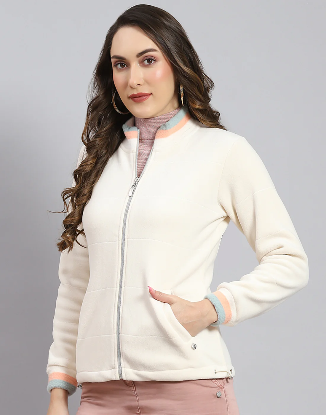 Women Cream Solid Stand Collar Full Sleeve Sweatshirt - Image 3
