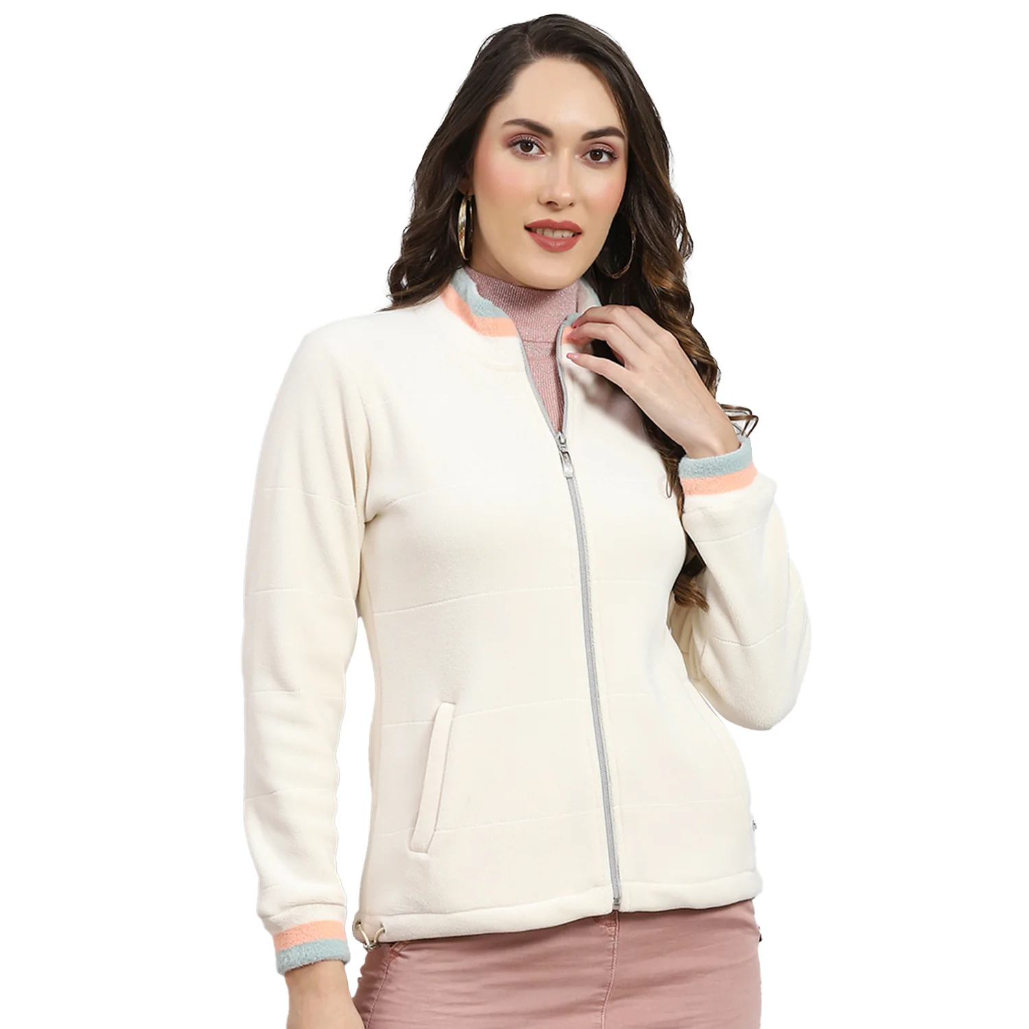 Women Cream Solid Stand Collar Full Sleeve Sweatshirt - Image 5