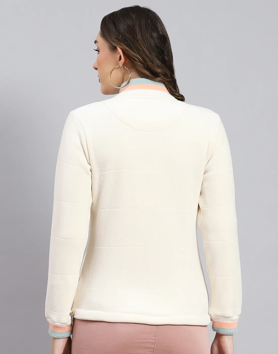 Women Cream Solid Stand Collar Full Sleeve Sweatshirt - Image 6