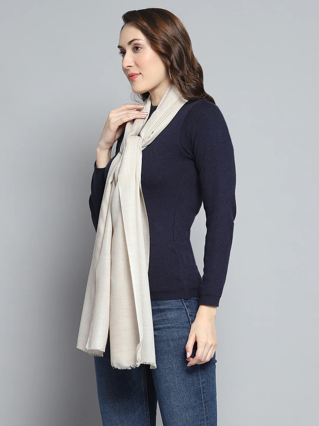 Women Cream Solid Stole - Image 3
