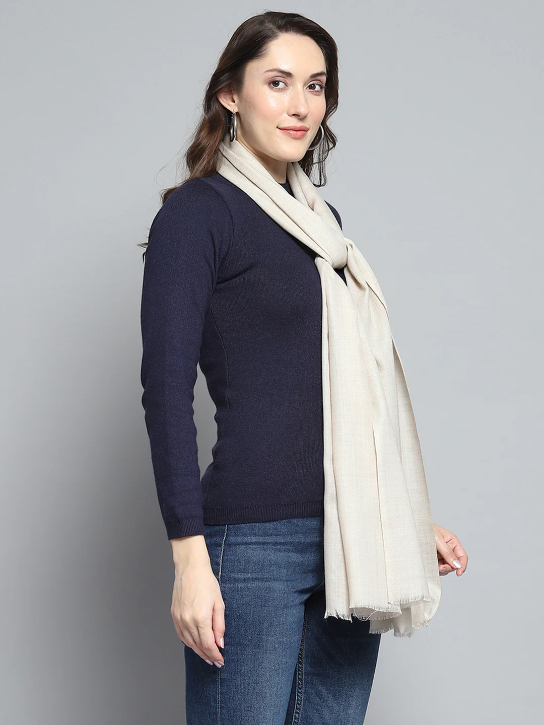 Women Cream Solid Stole - Image 4