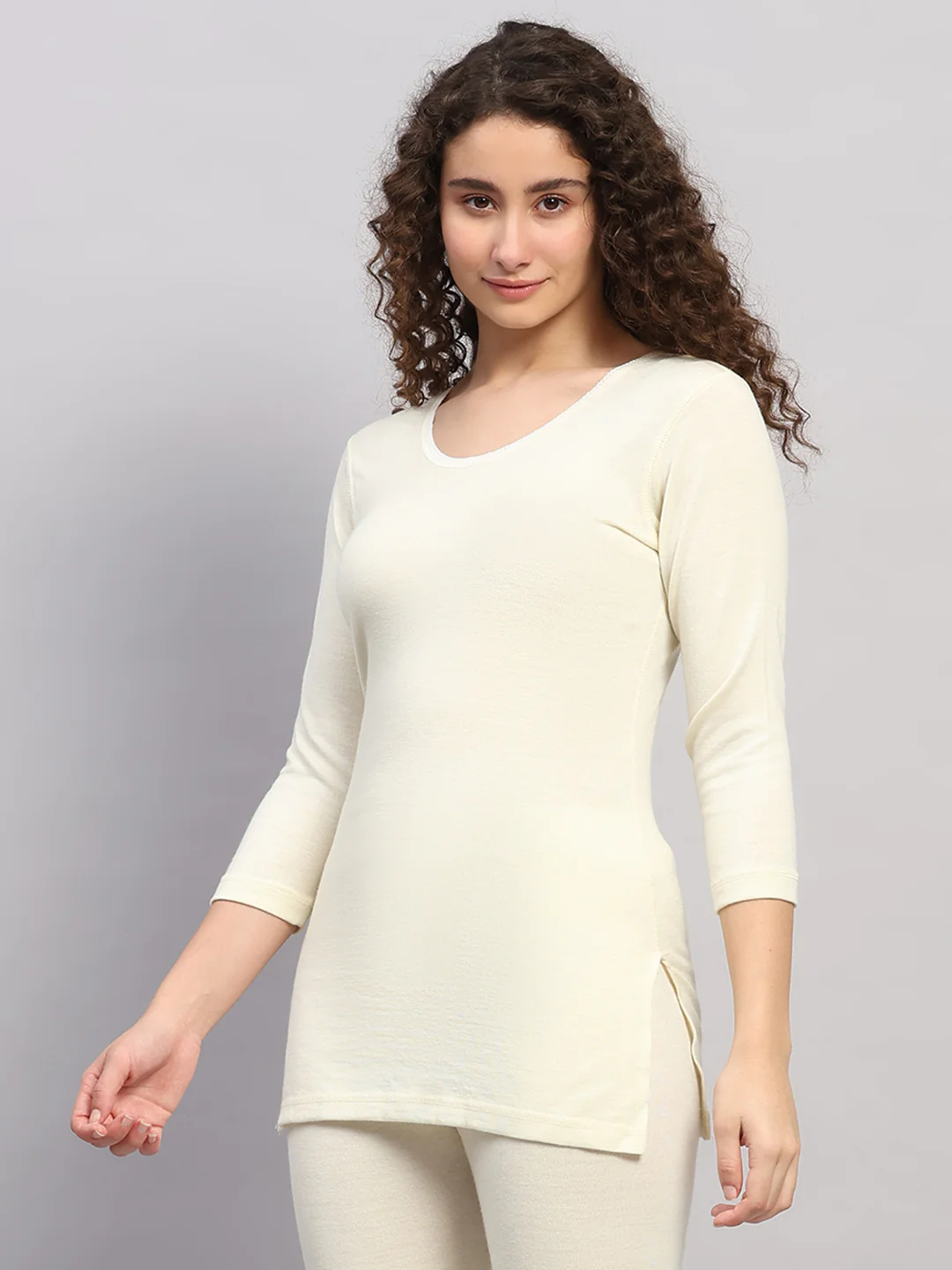 Women Cream Solid Round Neck 3/4th Sleeve Thermal Vest - Image 3