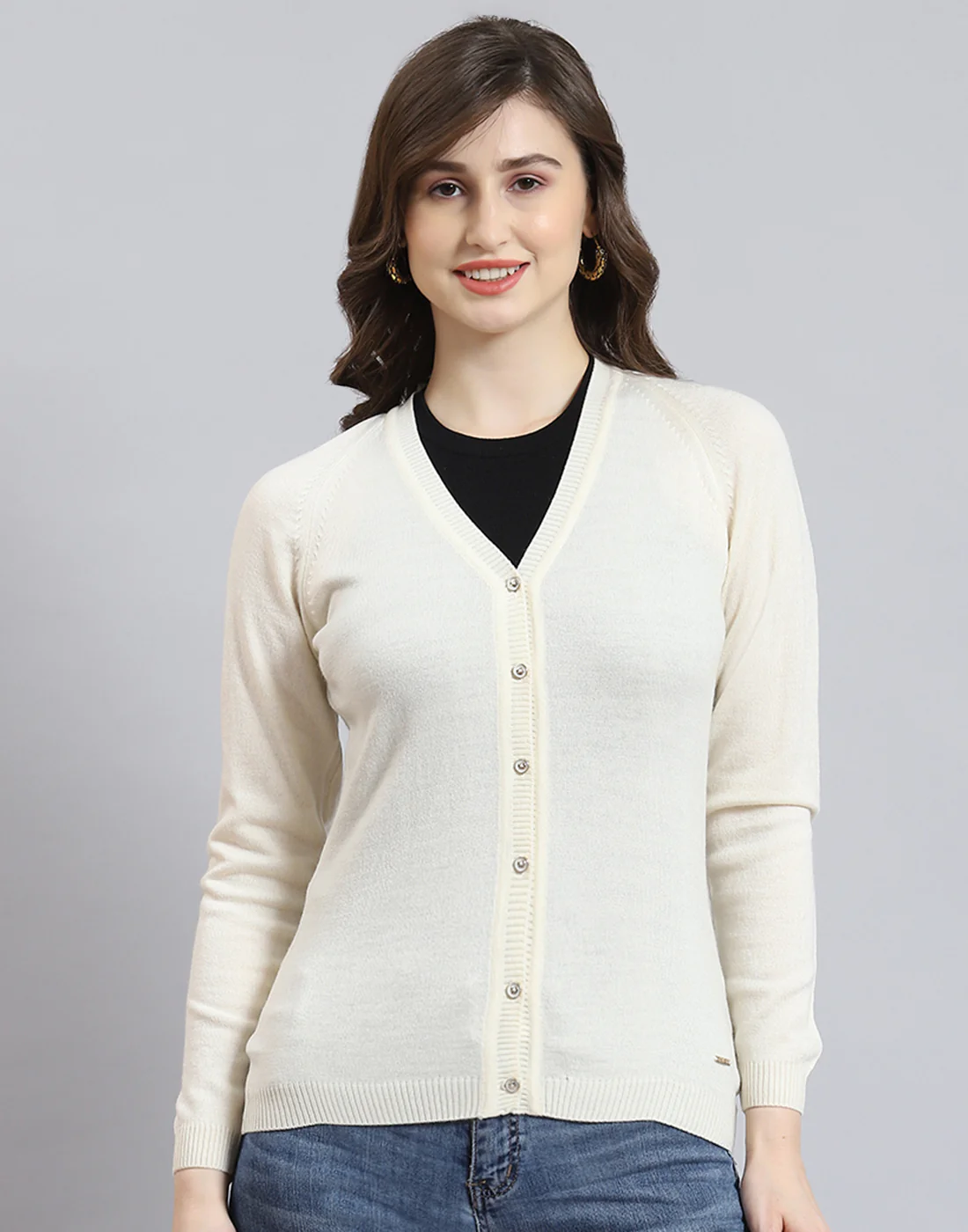 Women Cream Solid V Neck Full Sleeve Cardigan - Image 2