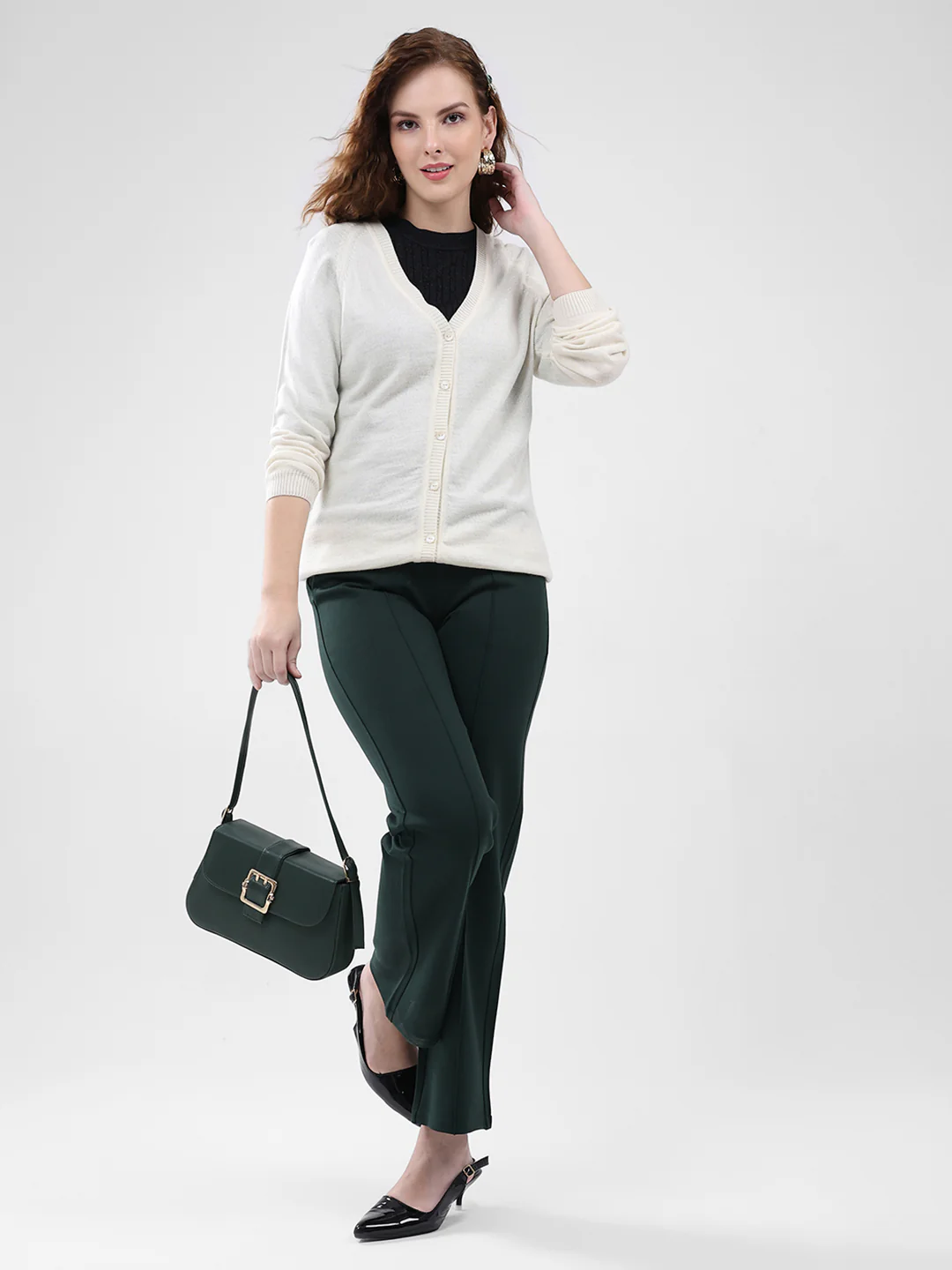 Women Cream Solid V Neck Full Sleeve Cardigan - Image 2