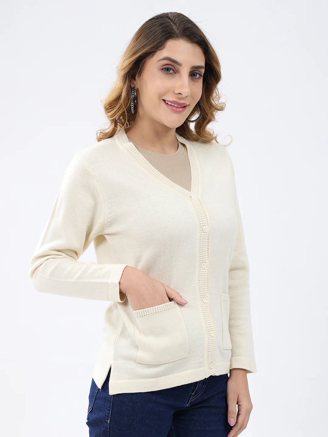Women Cream Solid V Neck Full Sleeve Cardigan - Image 4
