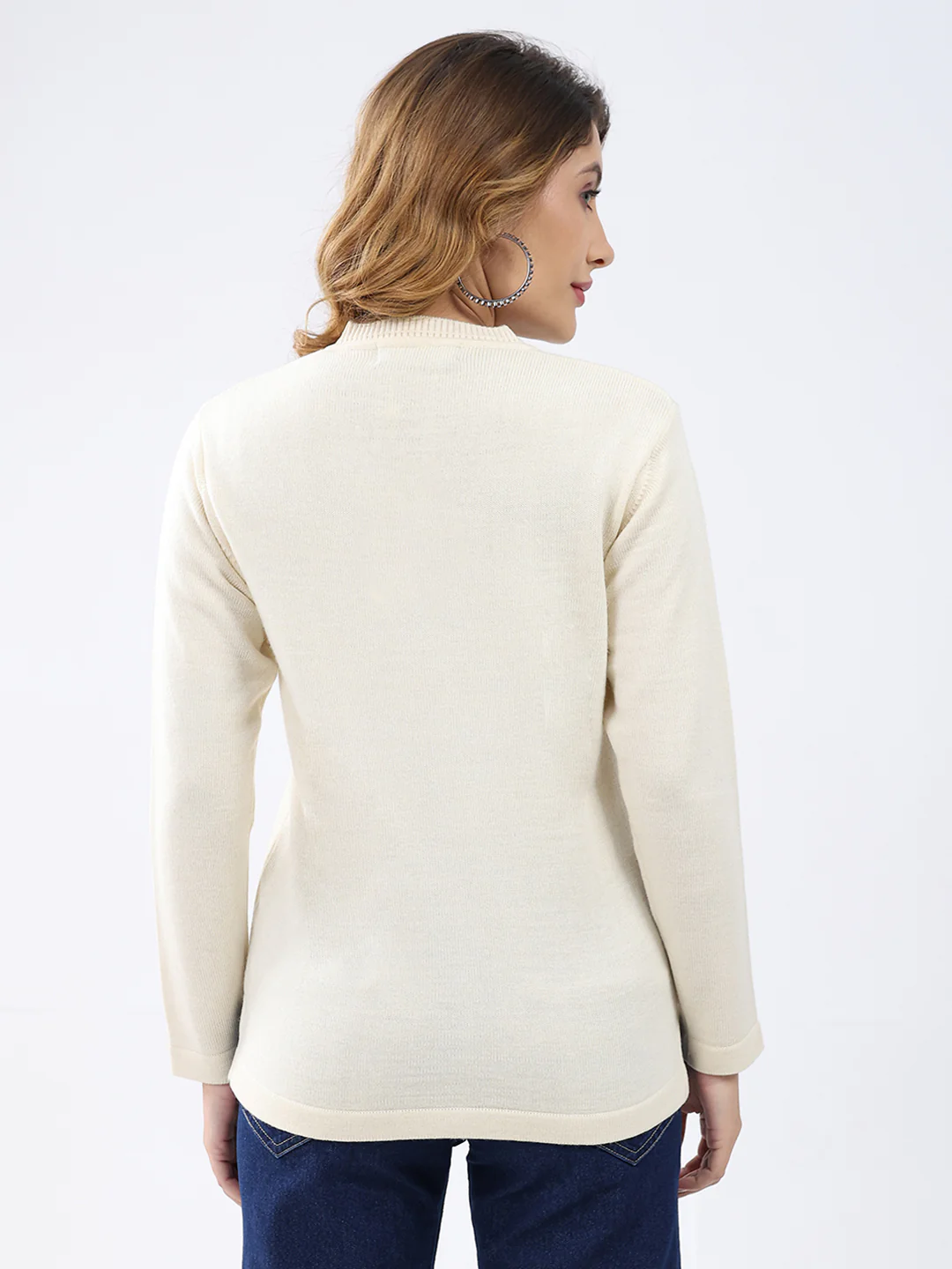 Women Cream Solid V Neck Full Sleeve Cardigan - Image 5