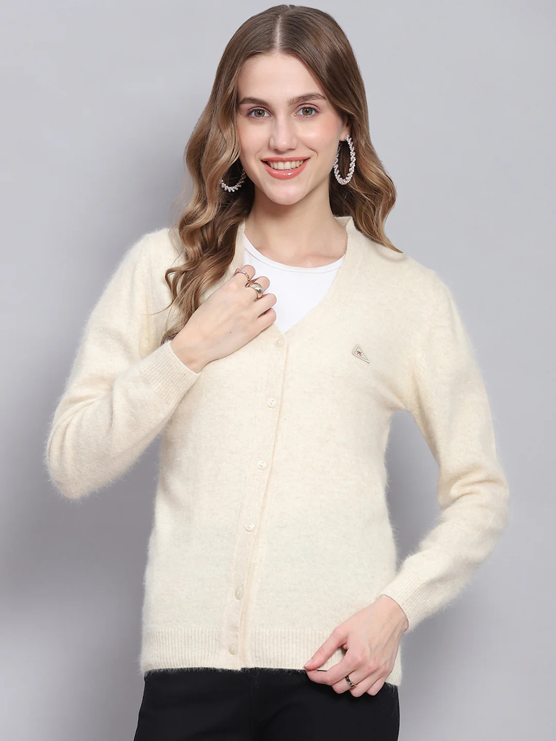 Women Cream Solid V Neck Full Sleeve Cardigans - Image 2