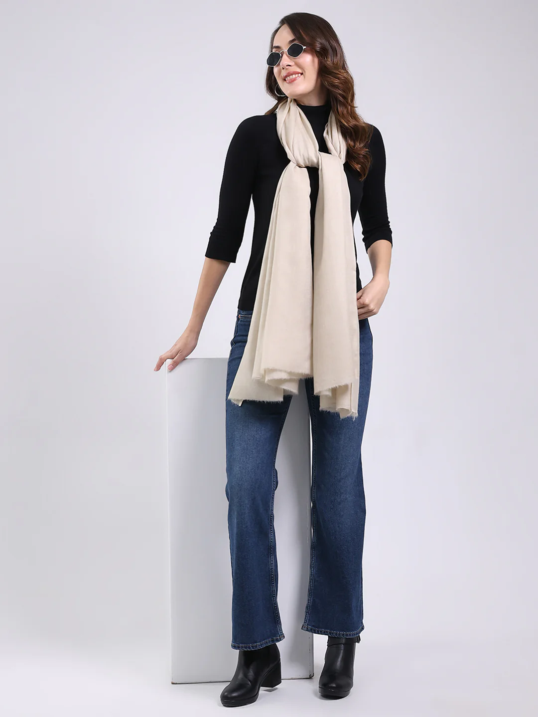Women Cream Solid Wool Blend Shawl - Image 2