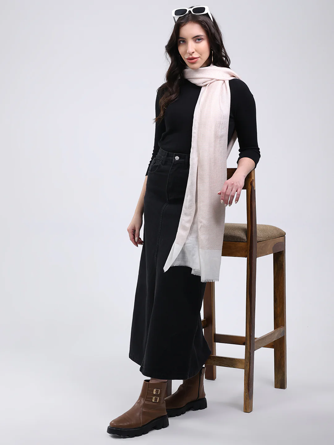 Women Cream Solid Wool Blend Stole - Image 2