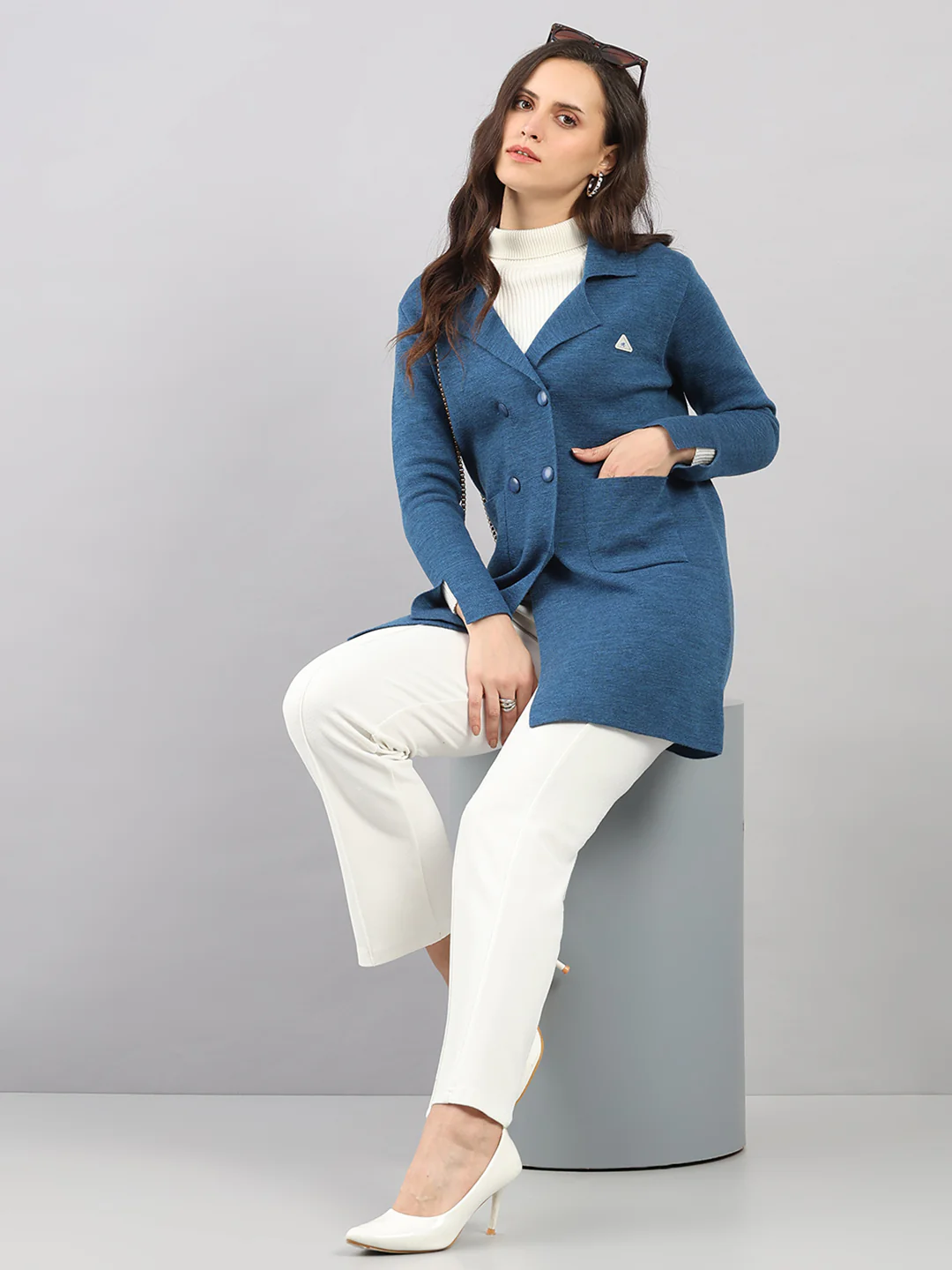 Women Dark Blue Self Design Lapel Collar Full Sleeve Knitted Coat - Image 2