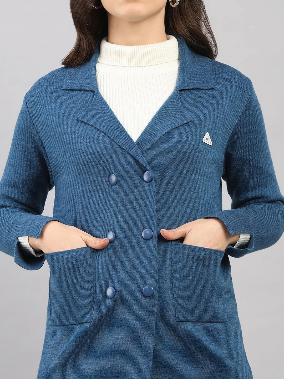 Women Dark Blue Self Design Lapel Collar Full Sleeve Knitted Coat - Image 7