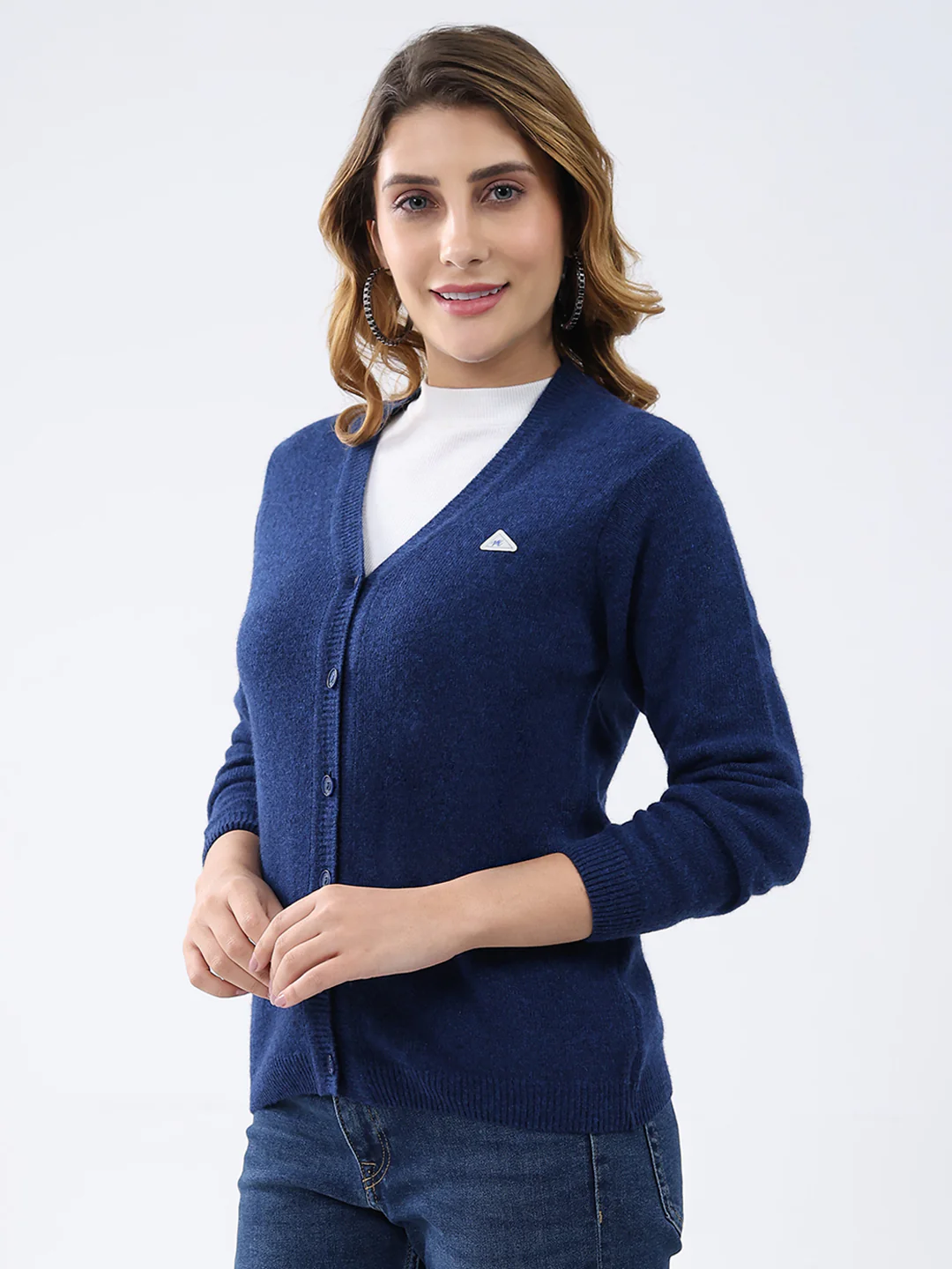 Women Dark Blue Solid V Neck Full Sleeve Cardigan - Image 3