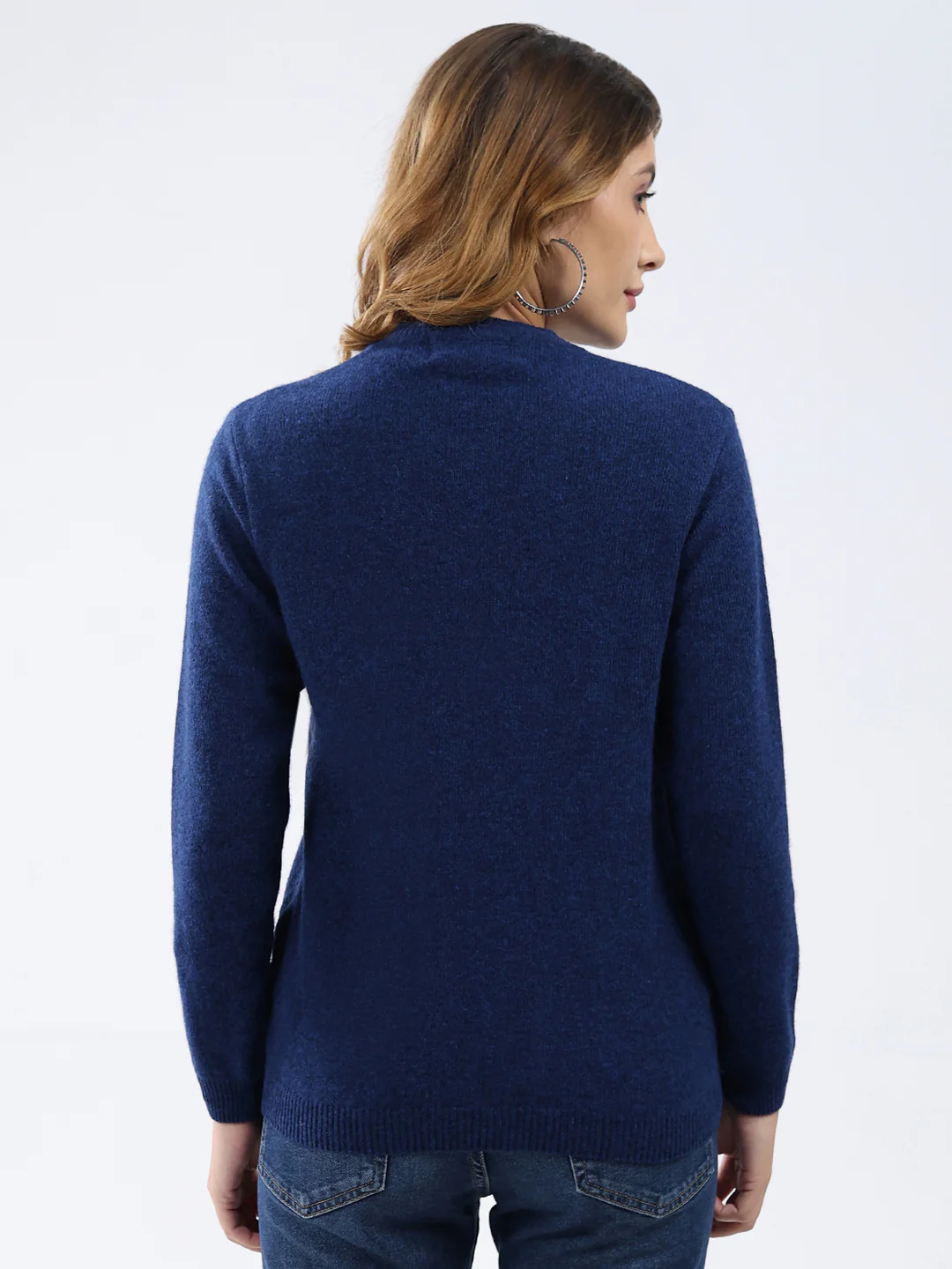 Women Dark Blue Solid V Neck Full Sleeve Cardigan - Image 5