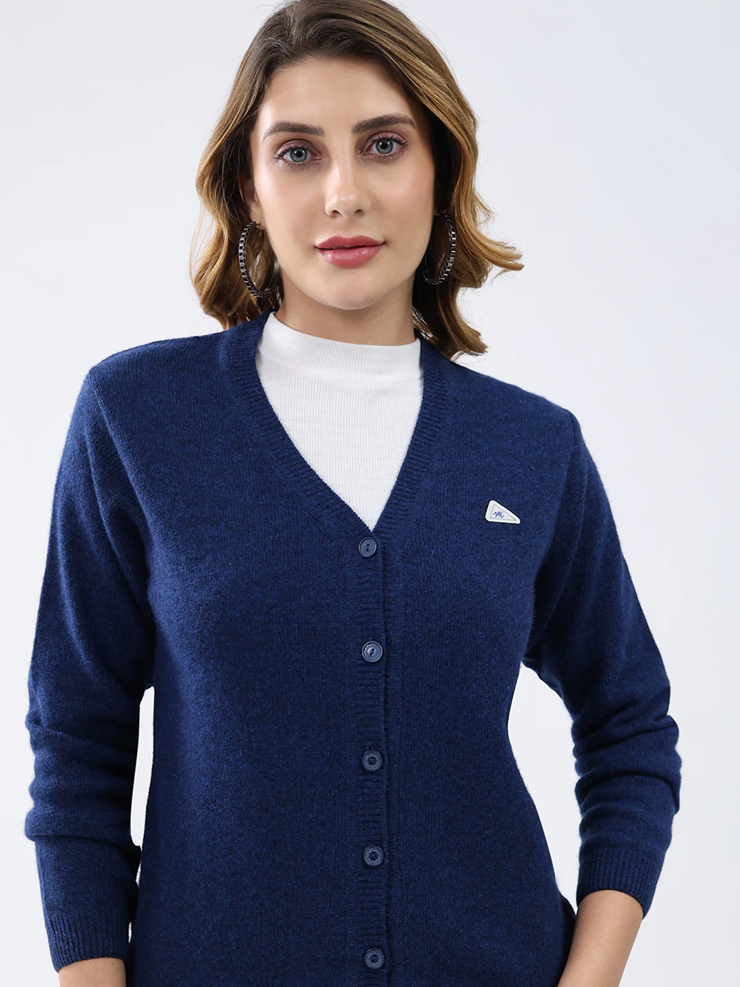 Women Dark Blue Solid V Neck Full Sleeve Cardigan - Image 7