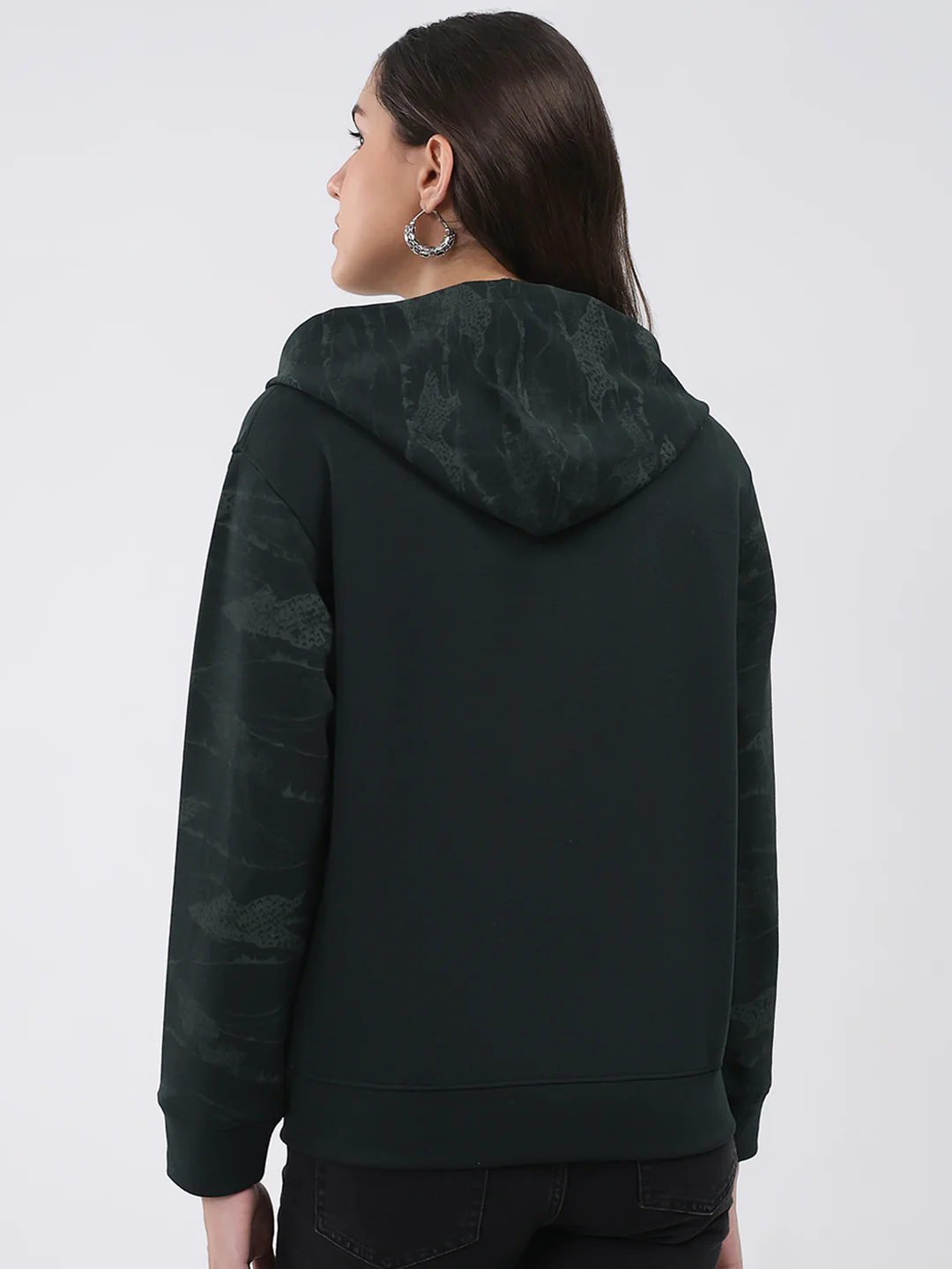 Women Dark Green Printed Hooded Full Sleeve Sweatshirt - Image 5
