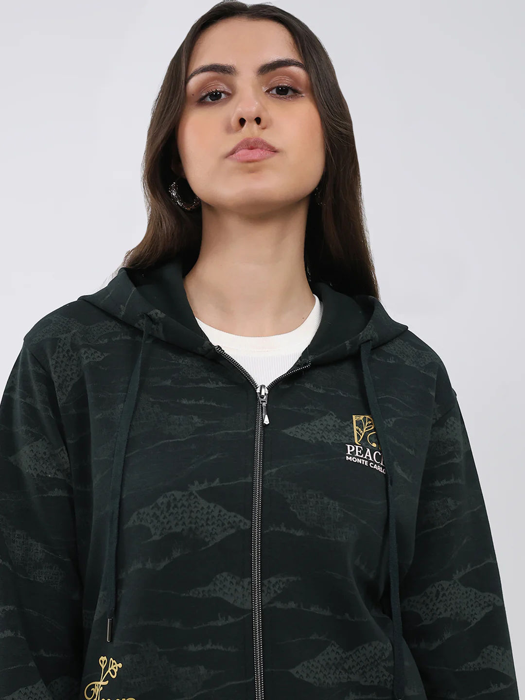Women Dark Green Printed Hooded Full Sleeve Sweatshirt - Image 6