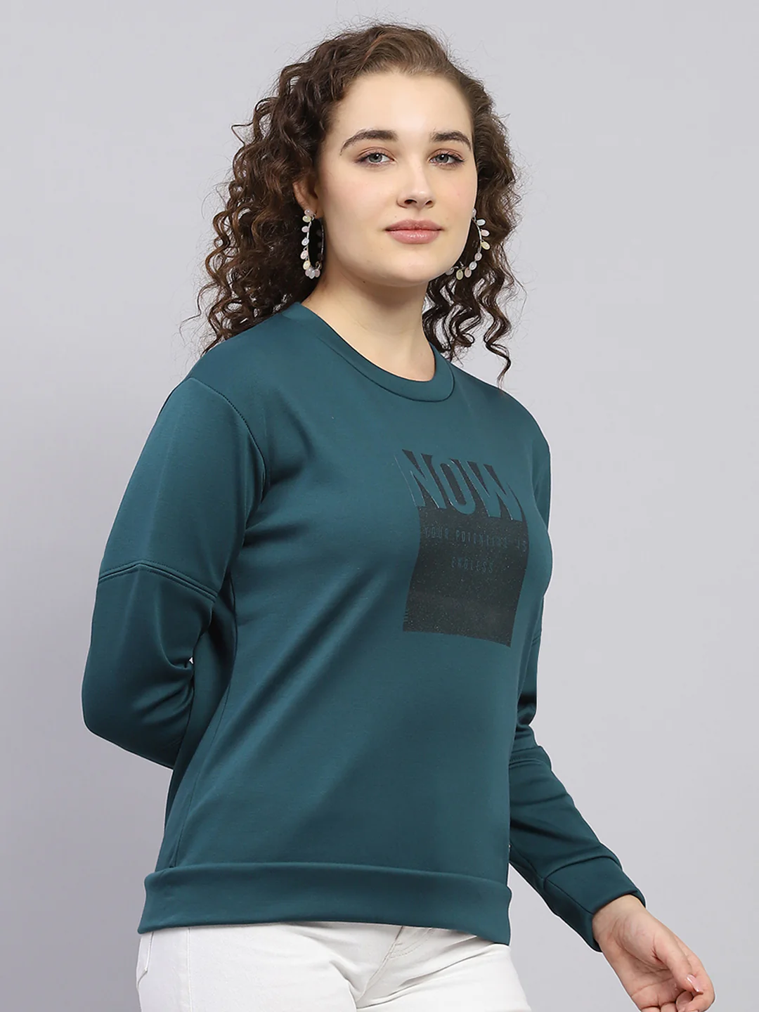 Women Dark Green Printed Round Neck Full Sleeve Sweatshirt - Image 3