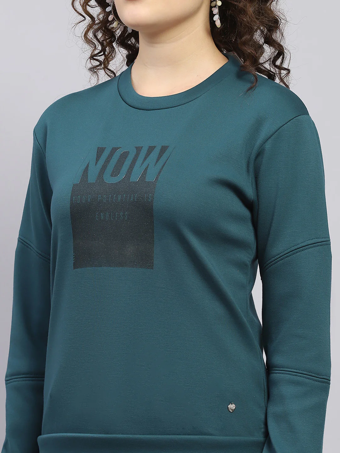 Women Dark Green Printed Round Neck Full Sleeve Sweatshirt - Image 6