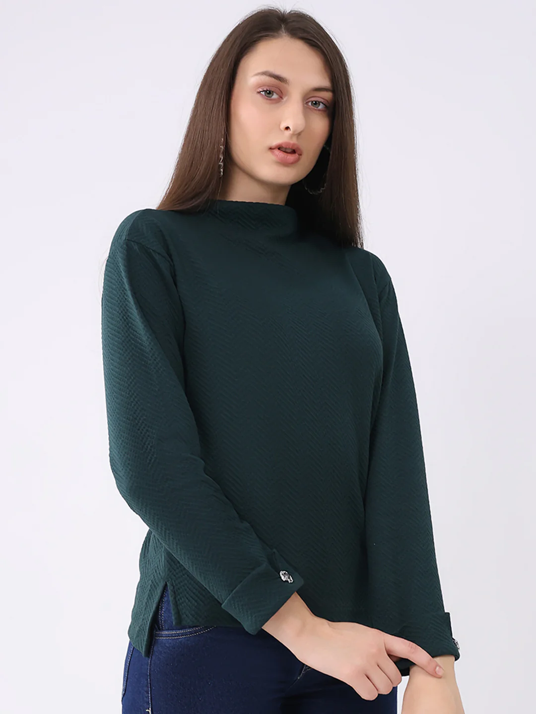 Women Dark Green Self Design Mock Neck Full Sleeve Winter Top - Image 4