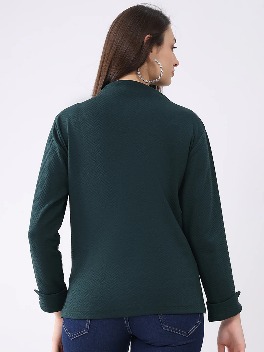Women Dark Green Self Design Mock Neck Full Sleeve Winter Top - Image 5