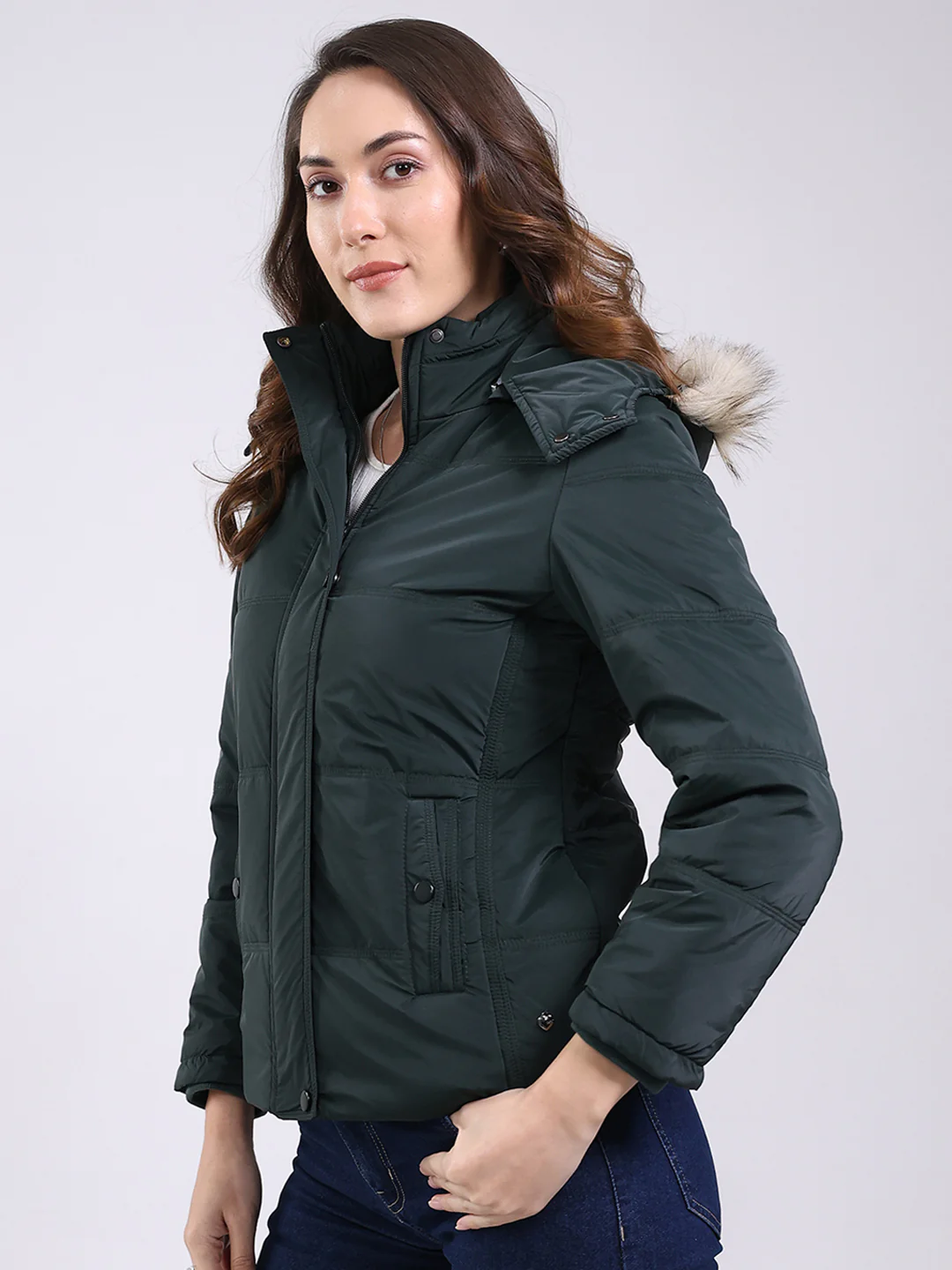 Women Dark Green Solid Hooded Full Sleeve Jacket - Image 3