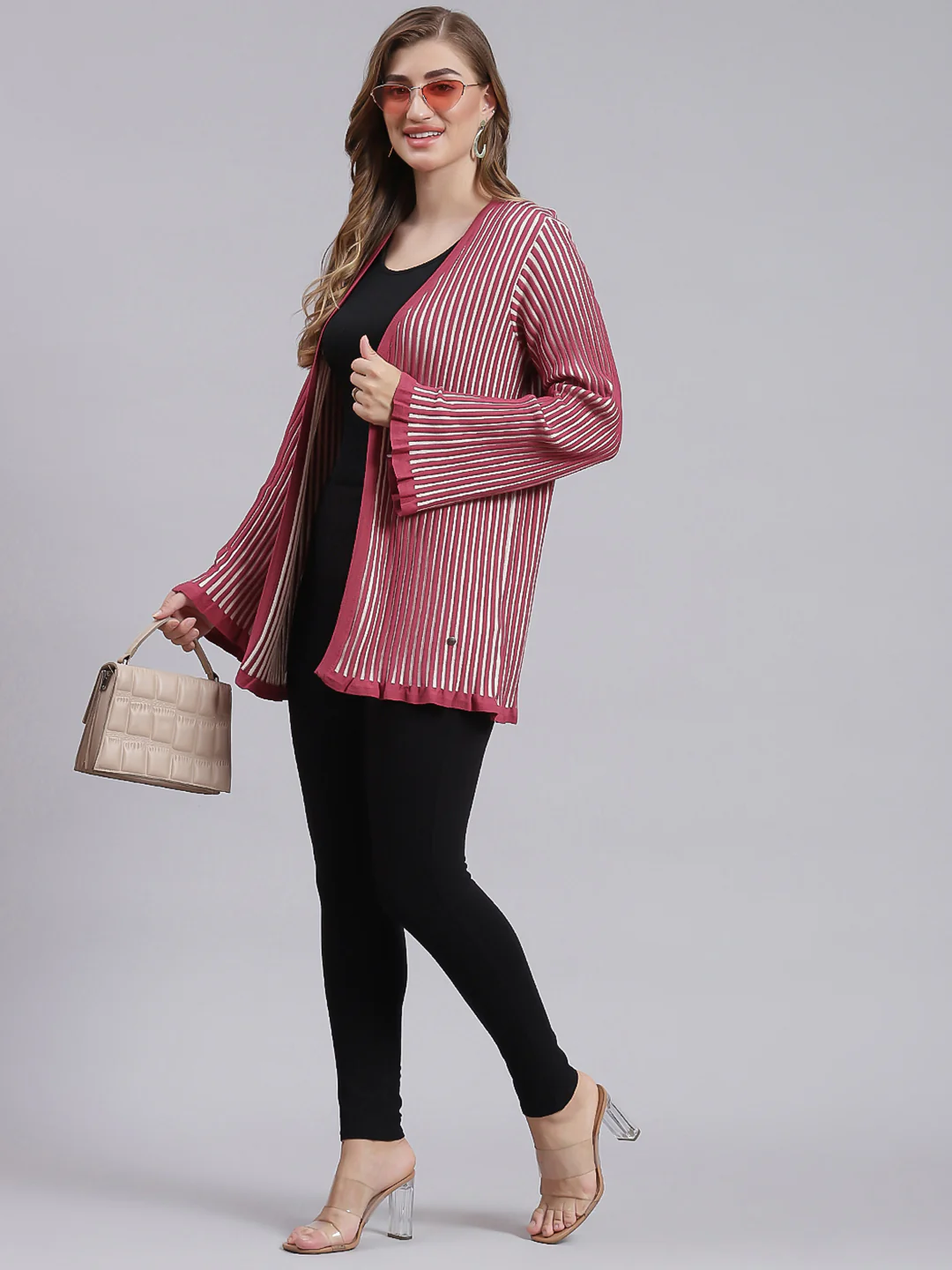Women Dark Pink Stripe Wool blend Cardigan - Image 2