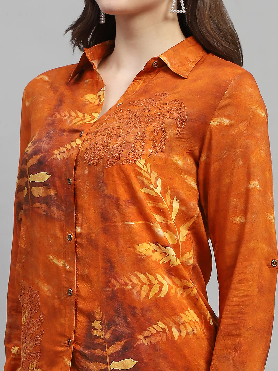 Women Dark Rust Embroidered Collar Full Sleeve Cords Set - Image 2