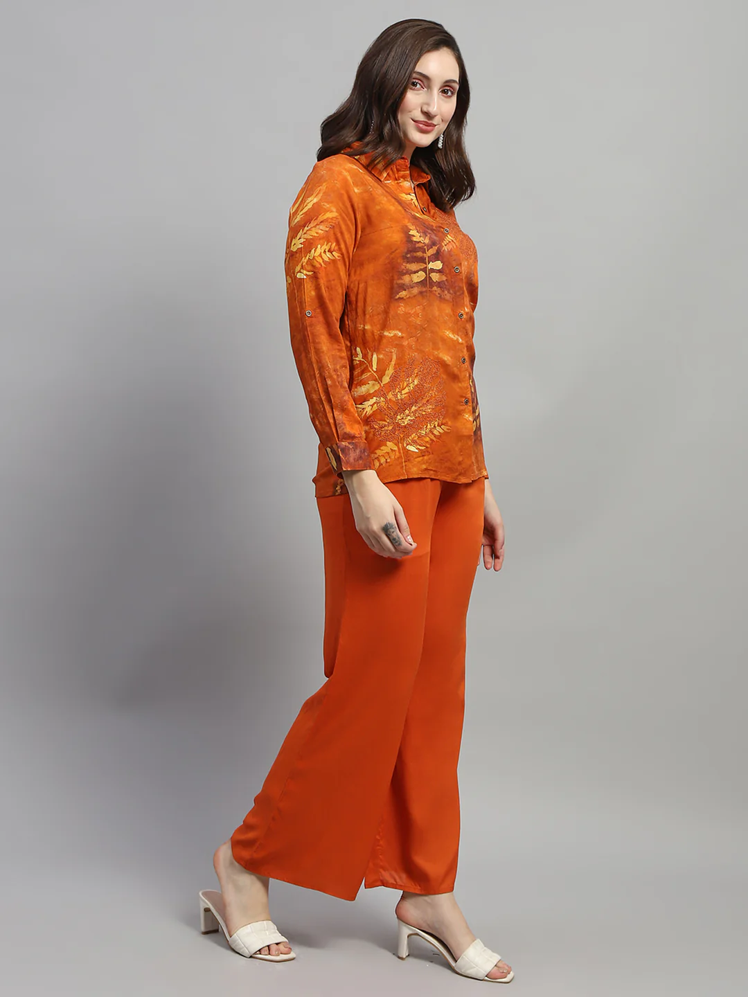 Women Dark Rust Embroidered Collar Full Sleeve Cords Set - Image 5