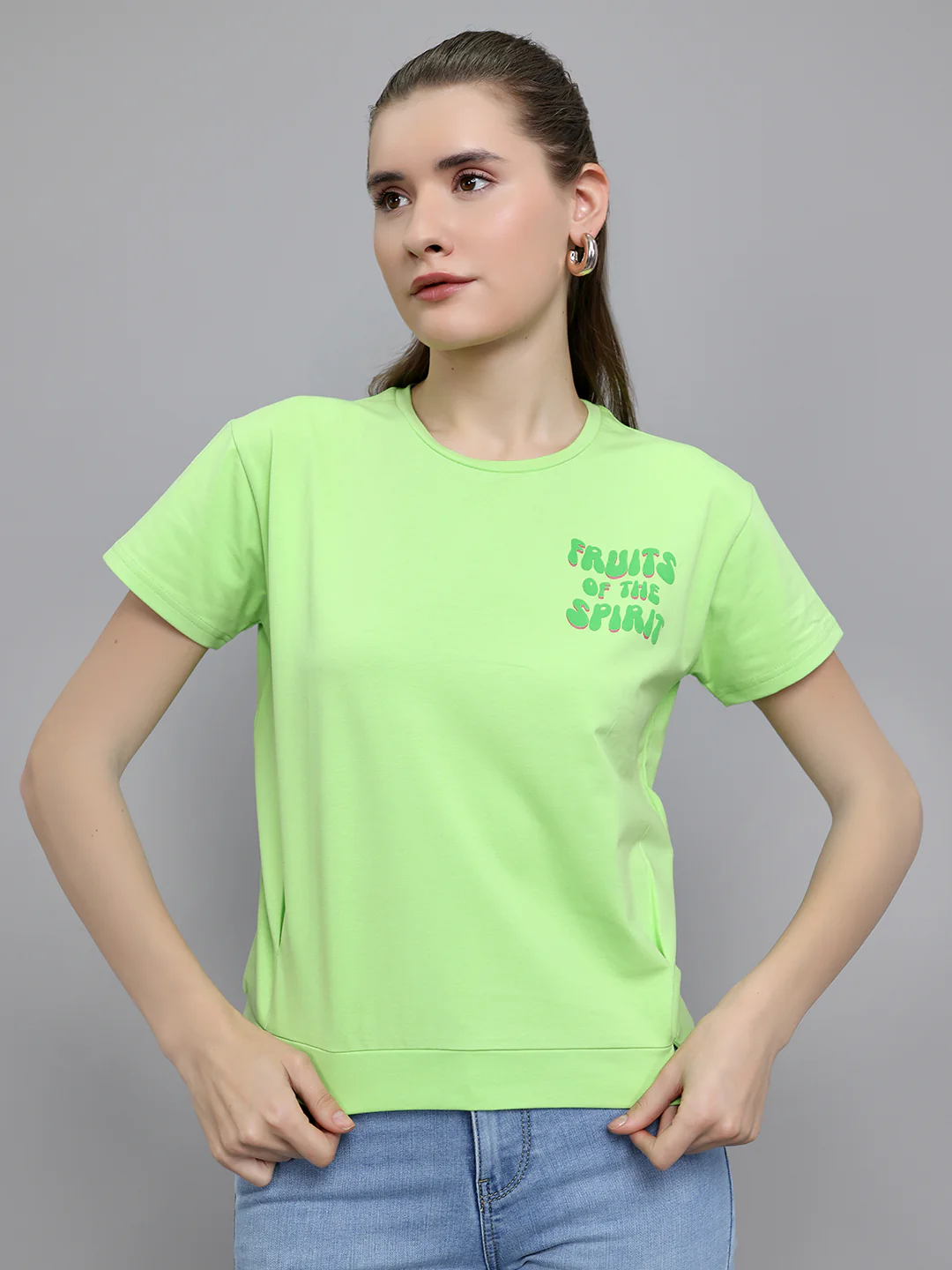 Women Fluorescent Green Printed Round Neck Half Sleeve Top