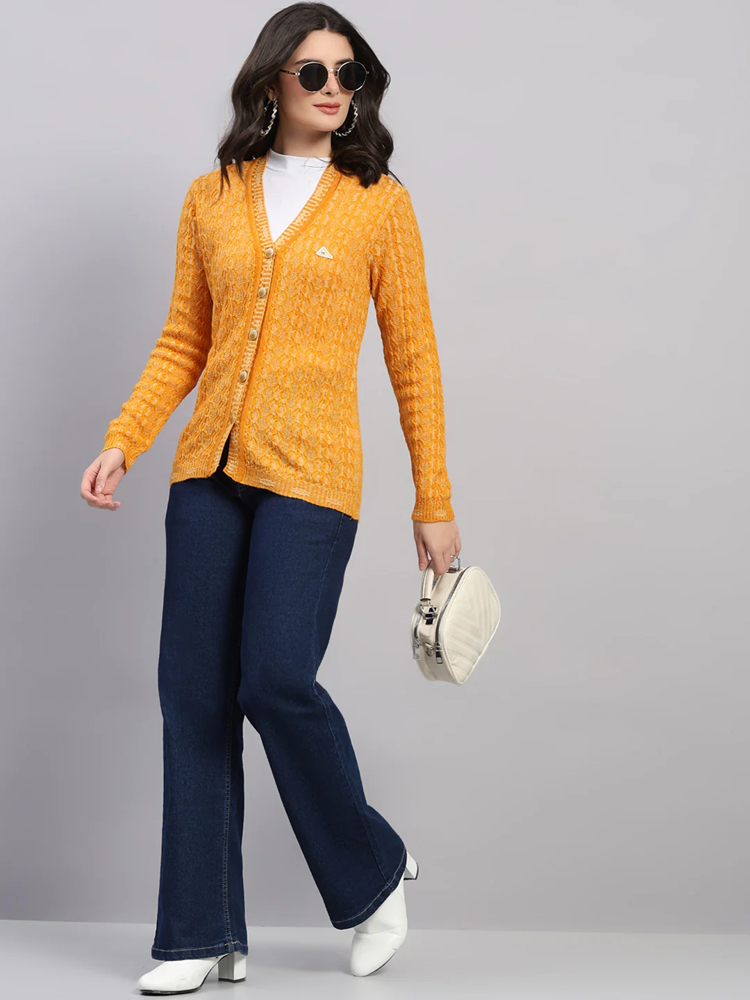 Women Golden Yellow Self Design V Neck Full Sleeve Cardigan - Image 2