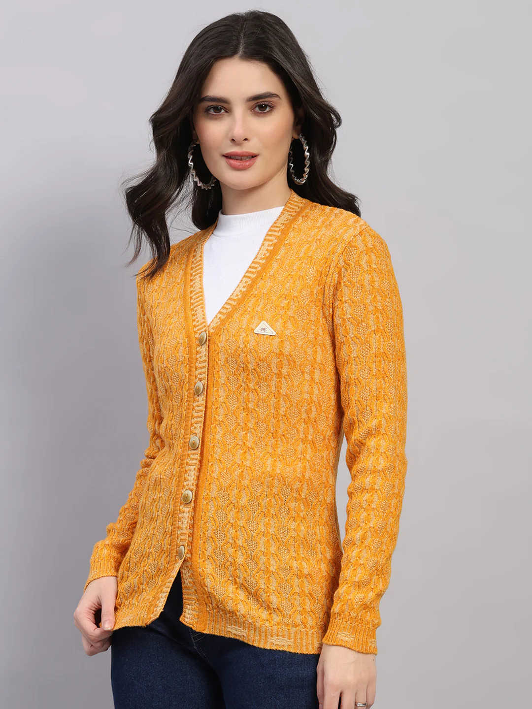 Women Golden Yellow Self Design V Neck Full Sleeve Cardigan - Image 3