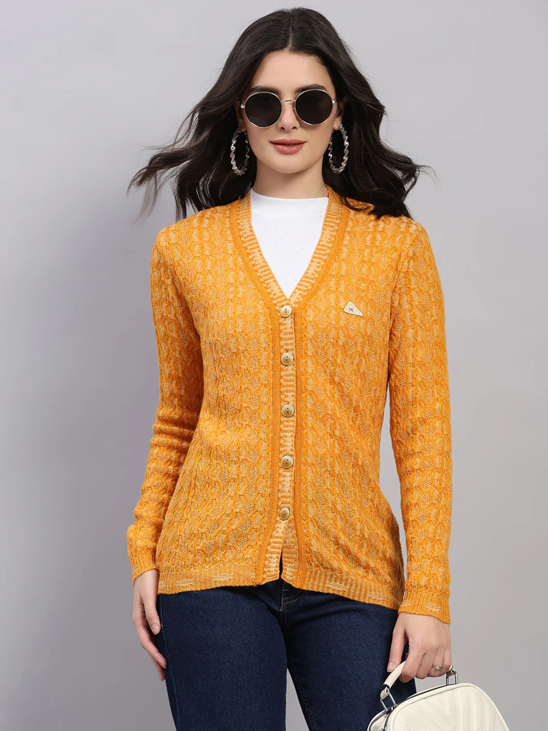 Women Golden Yellow Self Design V Neck Full Sleeve Cardigan - Image 6