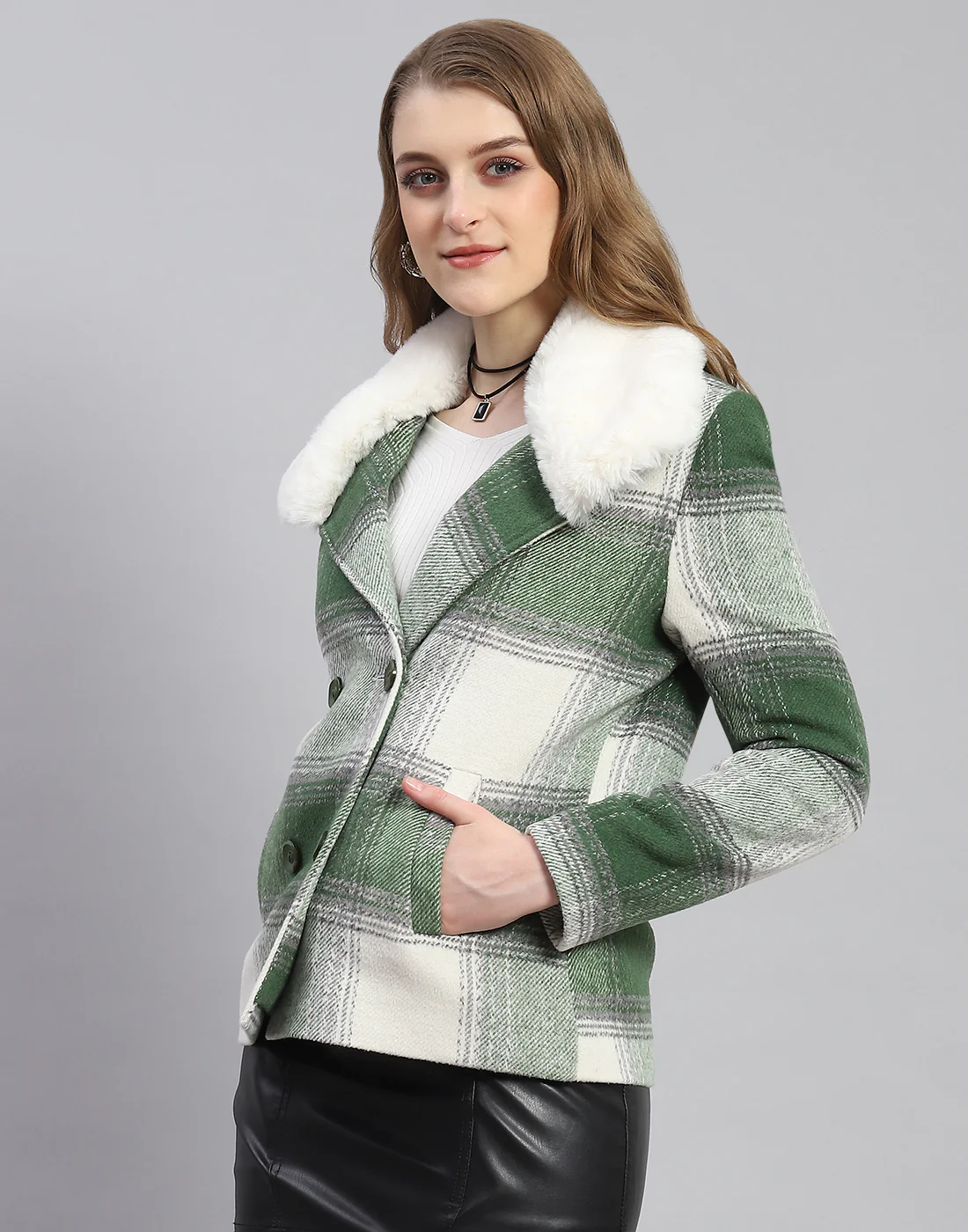 Women Green Check Collar Full Sleeve Coat - Image 3