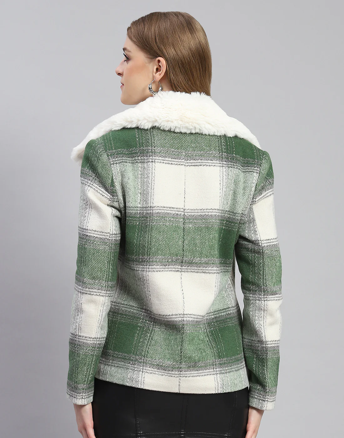 Women Green Check Collar Full Sleeve Coat - Image 5