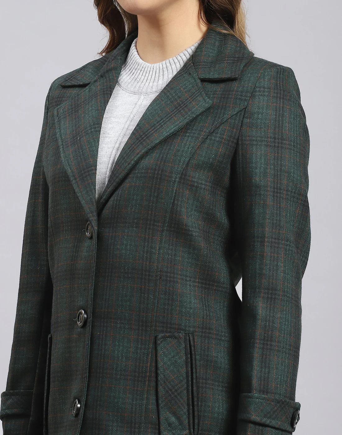 Women Green Check Lapel Collar Full Sleeve Coat - Image 7
