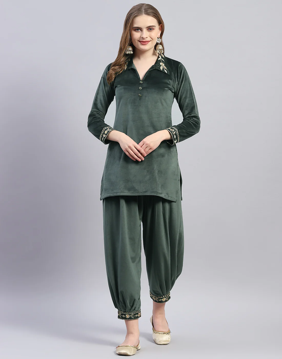 Women Green Embroidered Collar Full Sleeve Cords Set - Image 2