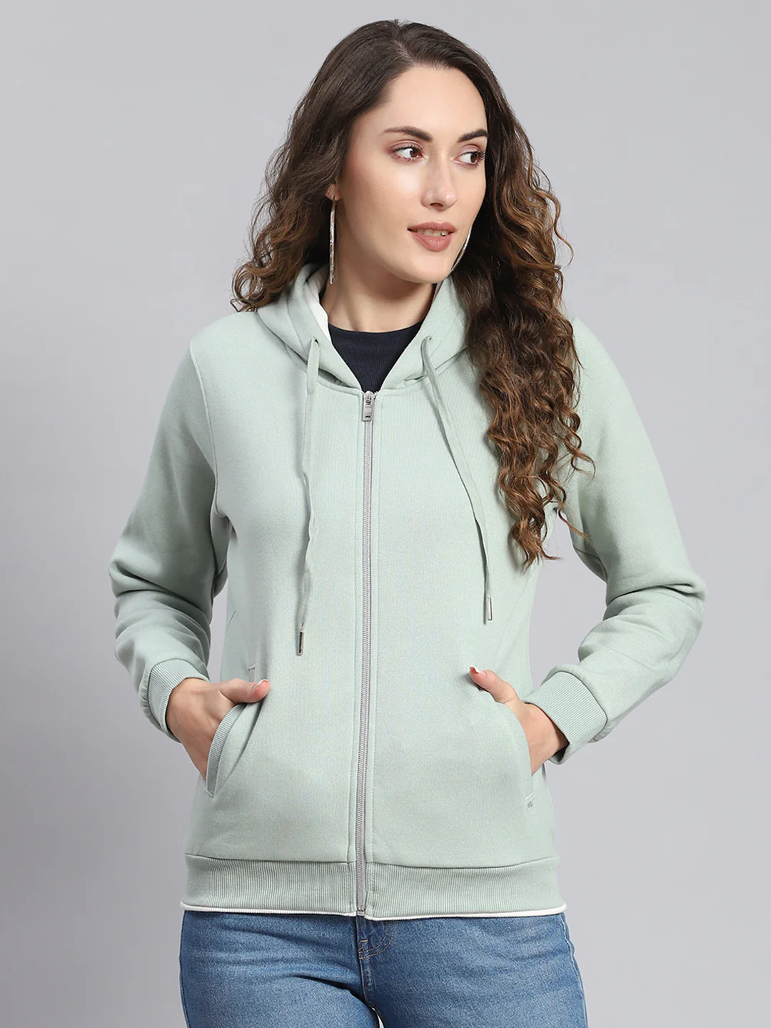Women Green Embroidered Hooded Full Sleeve Sweatshirts - Image 2